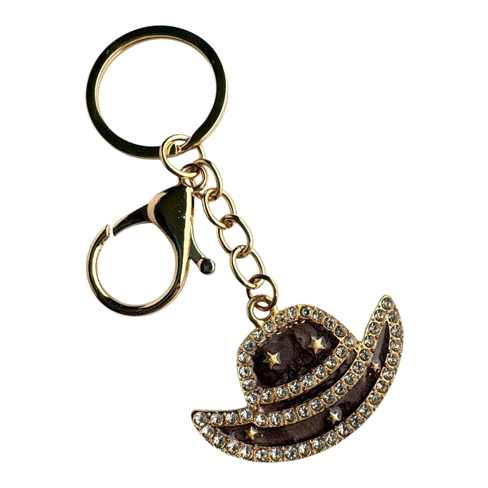 Gold Brown Rhinestone Cowboy Hat Star Bling Crystal Charm Key Chain 4"